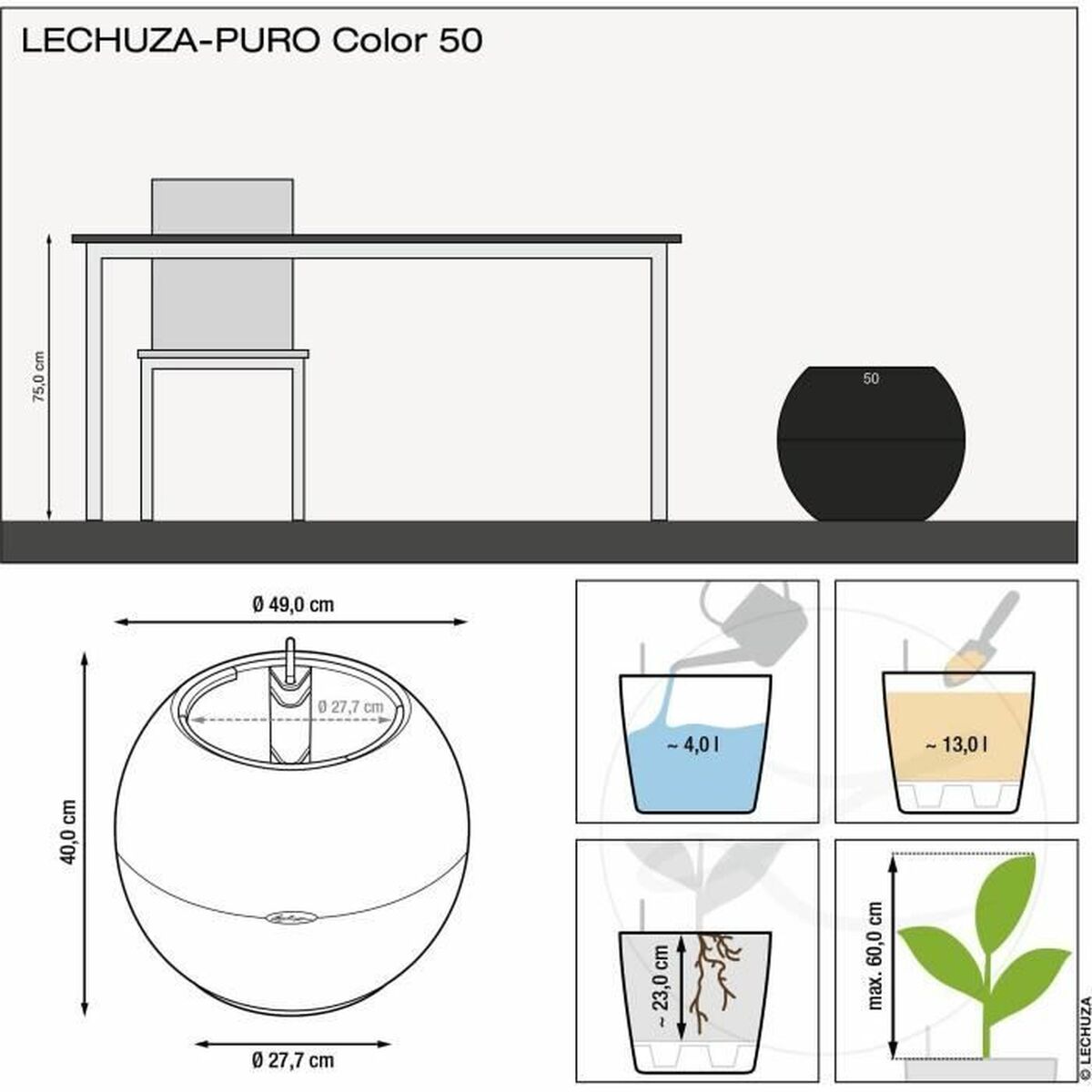 Tegla za samozalijevanjem Lechuza Siva sfera