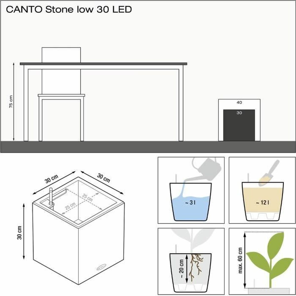 Tegla za samozalijevanjem Lechuza Crna 30 x 30 cm LED