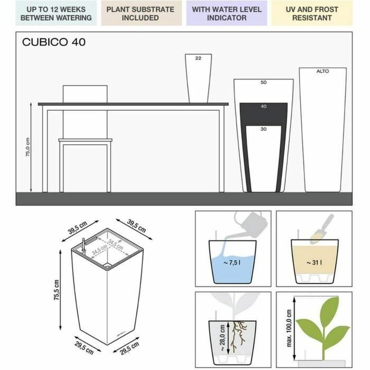 Tegla za samozalijevanjem Lechuza Crvena 39,5 x 39,5 x 75,5 cm polipropilen Plastika Pravokutno